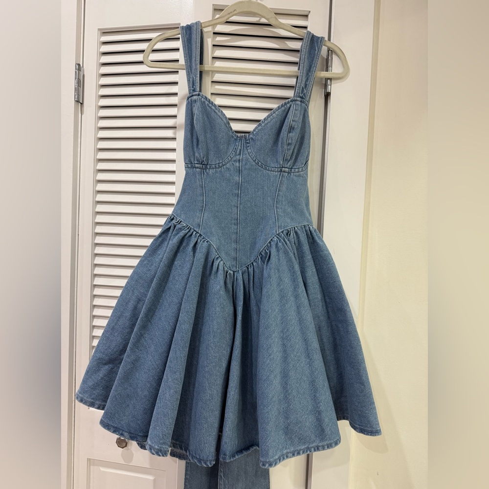 ASOS LUXE denim corseted skater mini dress with bow back in mid wash blue 10 NEW